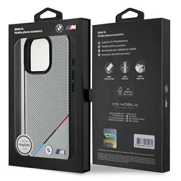 Etui BMW M Perforated Tricolor Line MagSafe na iPhone 16 Pro - szare