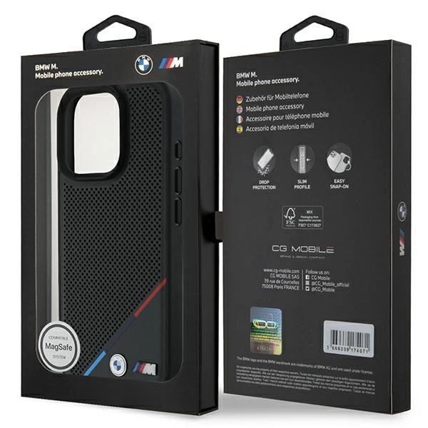 Etui BMW M Perforated Tricolor Line MagSafe na iPhone 16 Pro - czarne