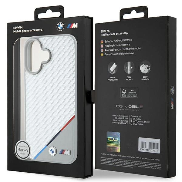 Etui BMW M Carbon Tricolor Line MagSafe na iPhone 16 - szare
