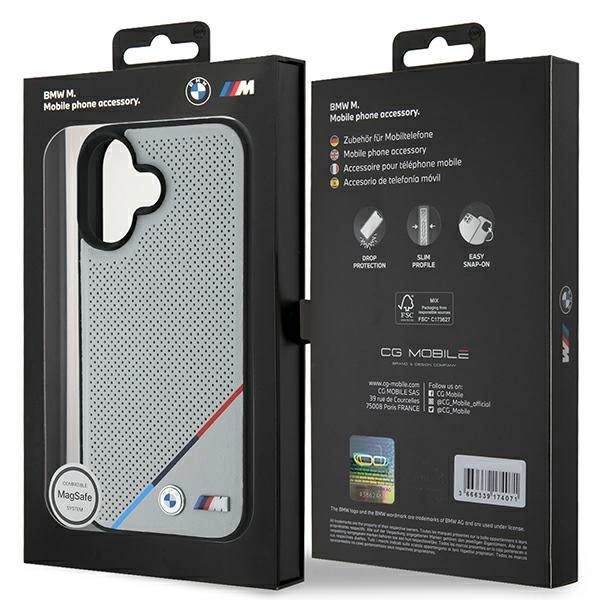 Etui BMW M Perforated Tricolor Line MagSafe na iPhone 16 - szare