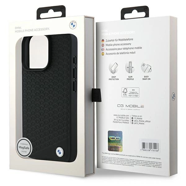 Etui BMW Signature Leather Diamond Metal Logo MagSafe na iPhone 16 Pro Max - czarne