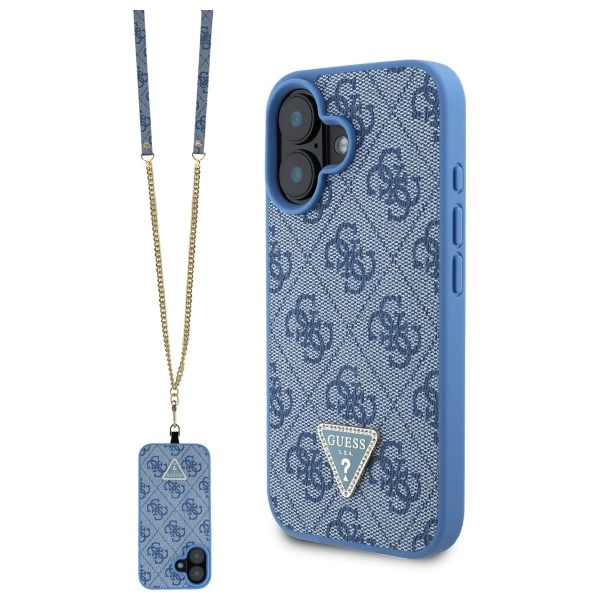 Etui Guess Leather Metal Logo Strass Crossbody na iPhone 16 - niebieskie