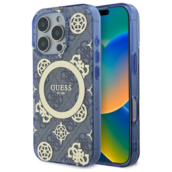 Etui Guess IML Peony On 4G Background MagSafe na iPhone 16 Pro - niebieskie