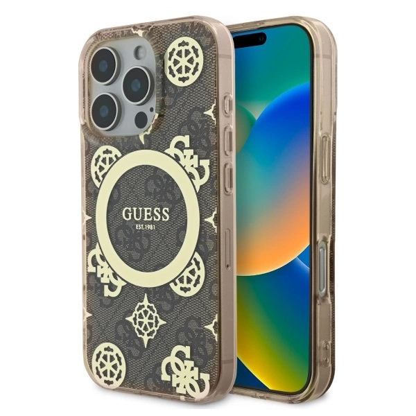 Etui Guess IML Peony On 4G Background MagSafe na iPhone 16 Pro - brązowe
