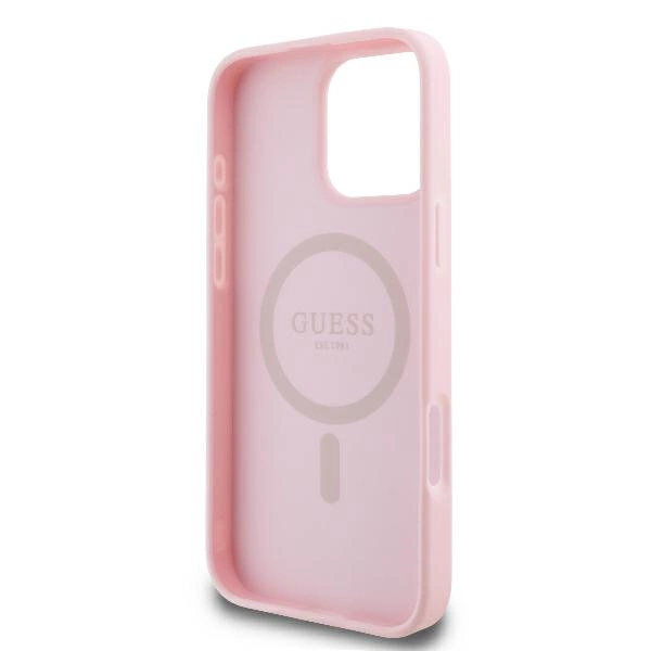Etui Guess Peony Script Logo MagSafe na iPhone 16 Pro - różowe