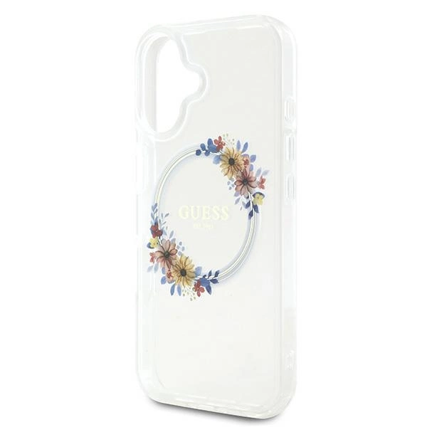 Etui Guess IML Flowers Wreath MagSafe na iPhone 16 Plus - przezroczyste