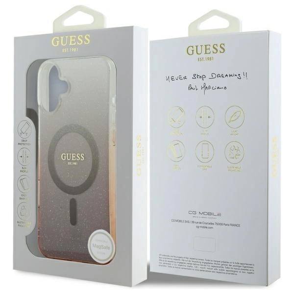 Etui Guess IML Glitter Gradient MagSafe na iPhone 16 Plus - brązowe