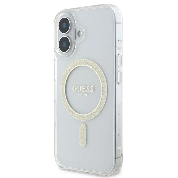 Etui Guess IML Glitter Circle MagSafe na iPhone 16 - przezroczyste