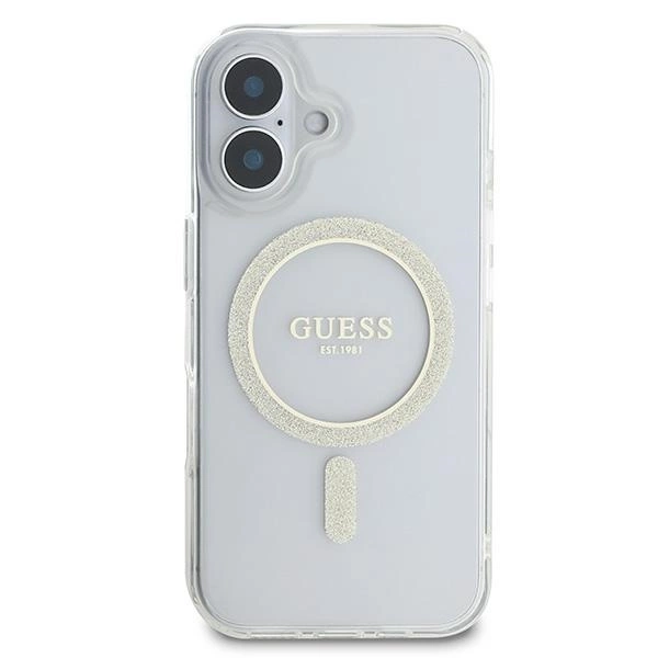 Etui Guess IML Glitter Circle MagSafe na iPhone 16 - przezroczyste