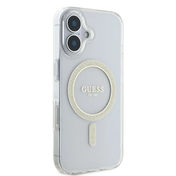 Etui Guess IML Glitter Circle MagSafe na iPhone 16 - przezroczyste
