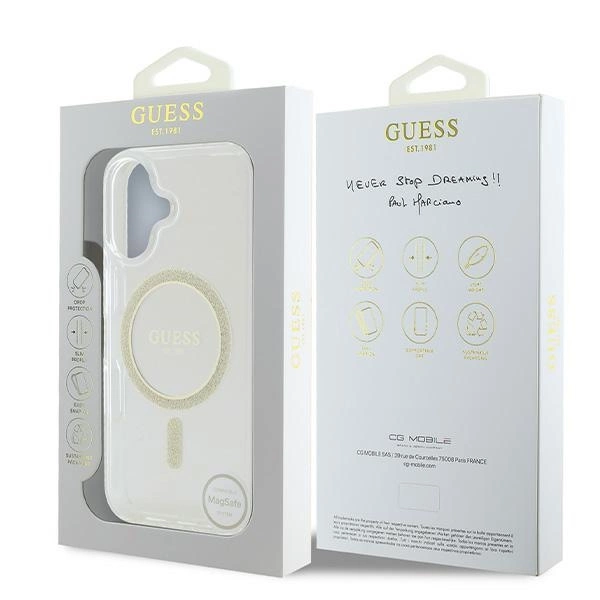 Etui Guess IML Glitter Circle MagSafe na iPhone 16 - przezroczyste