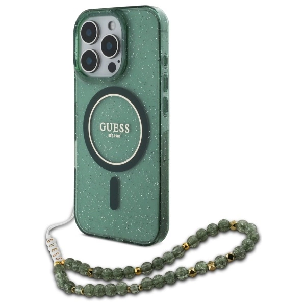 Etui Guess IML Glitter With Pearl Strap MagSafe na iPhone 16 Pro Max - zielone