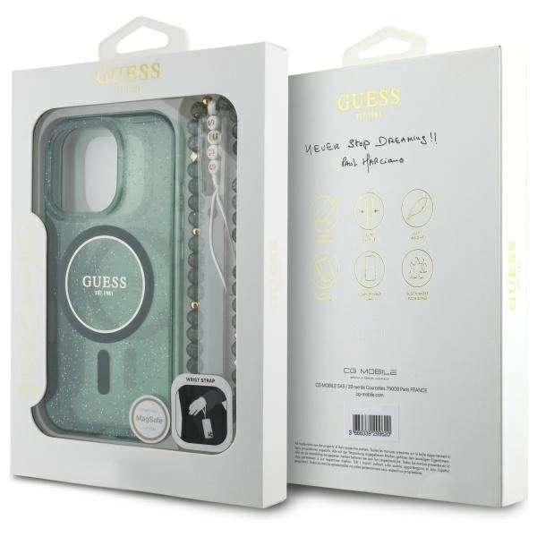 Etui Guess IML Glitter With Pearl Strap MagSafe na iPhone 16 Pro Max - zielone
