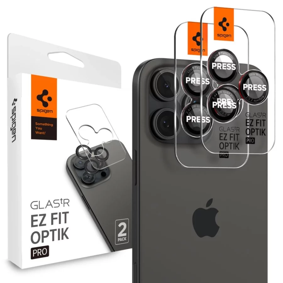 Szkło hartowane Spigen Optik Pro L-Series Glas.tR EZ Fit na aparat do iPhone 14 Pro / Pro Max / 15 Pro / Pro Max / 16 Pro / 16 Pro Max / 17 Pro / 17 Pro Max - czarne z czerwoną obwódką