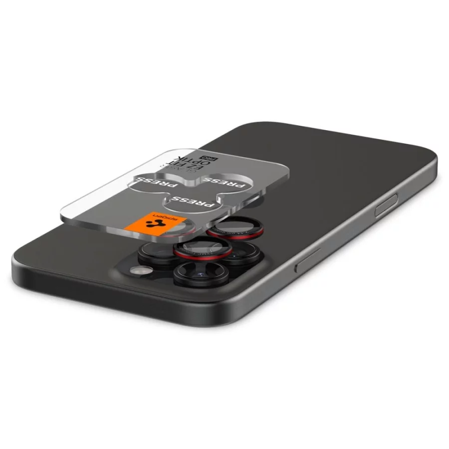 Szkło hartowane Spigen Optik Pro L-Series Glas.tR EZ Fit na aparat do iPhone 14 Pro / Pro Max / 15 Pro / Pro Max / 16 Pro / 16 Pro Max / 17 Pro / 17 Pro Max - czarne z czerwoną obwódką