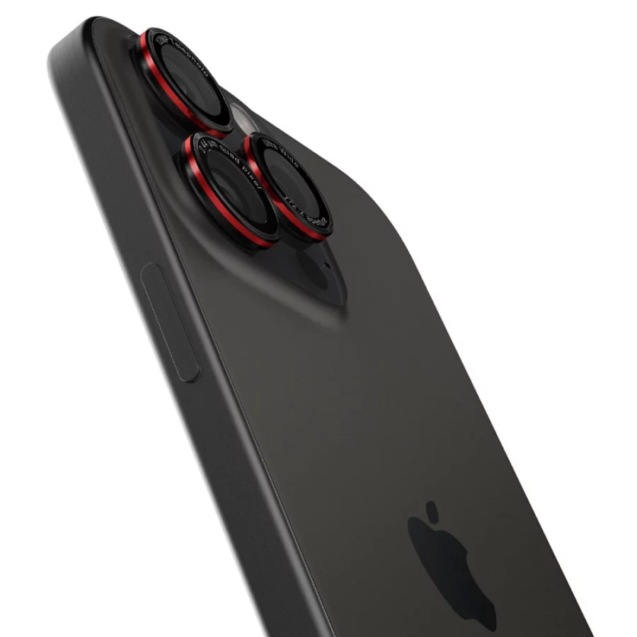 Szkło hartowane Spigen Optik Pro L-Series Glas.tR EZ Fit na aparat do iPhone 14 Pro / Pro Max / 15 Pro / Pro Max / 16 Pro / 16 Pro Max / 17 Pro / 17 Pro Max - czarne z czerwoną obwódką