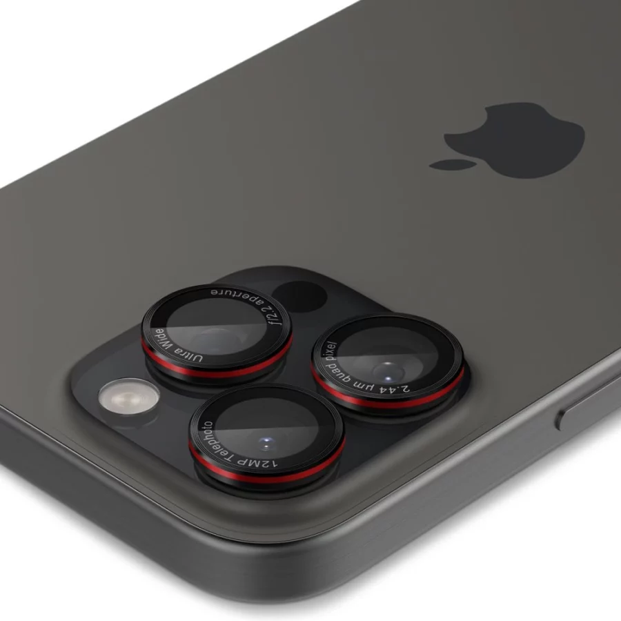 Szkło hartowane Spigen Optik Pro L-Series Glas.tR EZ Fit na aparat do iPhone 14 Pro / Pro Max / 15 Pro / Pro Max / 16 Pro / 16 Pro Max / 17 Pro / 17 Pro Max - czarne z czerwoną obwódką
