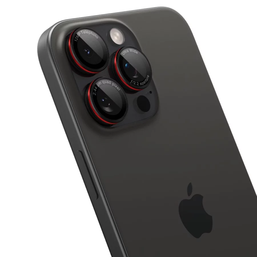 Szkło hartowane Spigen Optik Pro L-Series Glas.tR EZ Fit na aparat do iPhone 14 Pro / Pro Max / 15 Pro / Pro Max / 16 Pro / 16 Pro Max / 17 Pro / 17 Pro Max - czarne z czerwoną obwódką