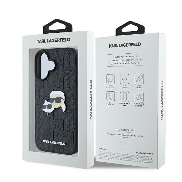 Etui Karl Lagerfeld Monogram Karl & Choupette Head Pin na iPhone 16 - czarne