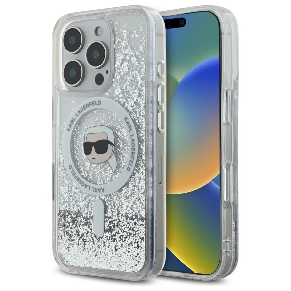 Etui Karl Lagerfeld Liquid Glitter Karl Head Magsafe na iPhone 16 Pro - przezroczyste