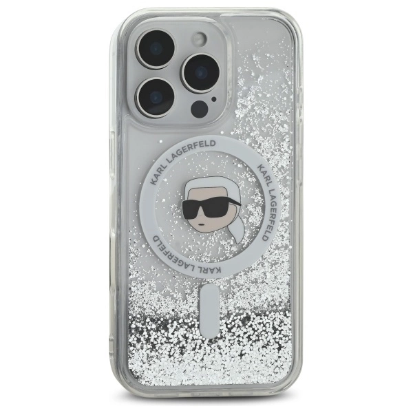 Etui Karl Lagerfeld Liquid Glitter Karl Head Magsafe na iPhone 16 Pro - przezroczyste