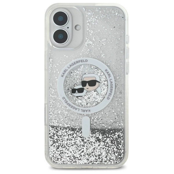 Etui Karl Lagerfeld Liquid Glitter Karl & Choupette Head Magsafe na iPhone 16 Plus - przezroczyste