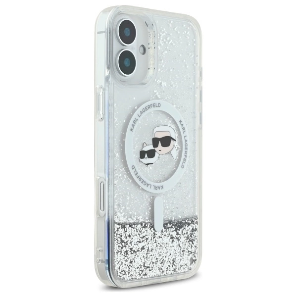 Etui Karl Lagerfeld Liquid Glitter Karl & Choupette Head Magsafe na iPhone 16 Plus - przezroczyste
