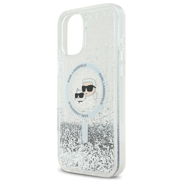 Etui Karl Lagerfeld Liquid Glitter Karl & Choupette Head Magsafe na iPhone 16 Plus - przezroczyste