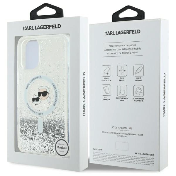 Etui Karl Lagerfeld Liquid Glitter Karl & Choupette Head Magsafe na iPhone 16 Plus - przezroczyste