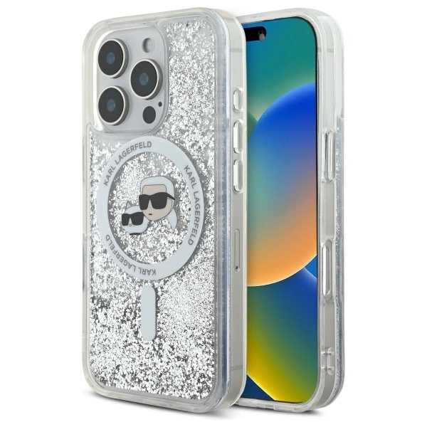 Etui Karl Lagerfeld Liquid Glitter Karl & Choupette Head Magsafe na iPhone 16 Pro Max - przezroczyste