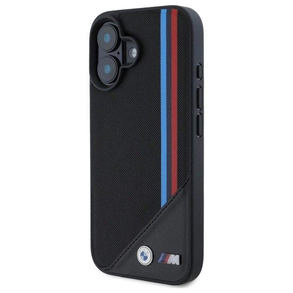 Etui BMW M Meshed Tricolor Stripes MagSafe na iPhone 16 - czarne