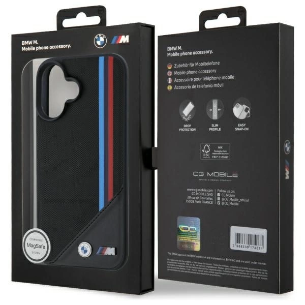 Etui BMW M Meshed Tricolor Stripes MagSafe na iPhone 16 - czarne
