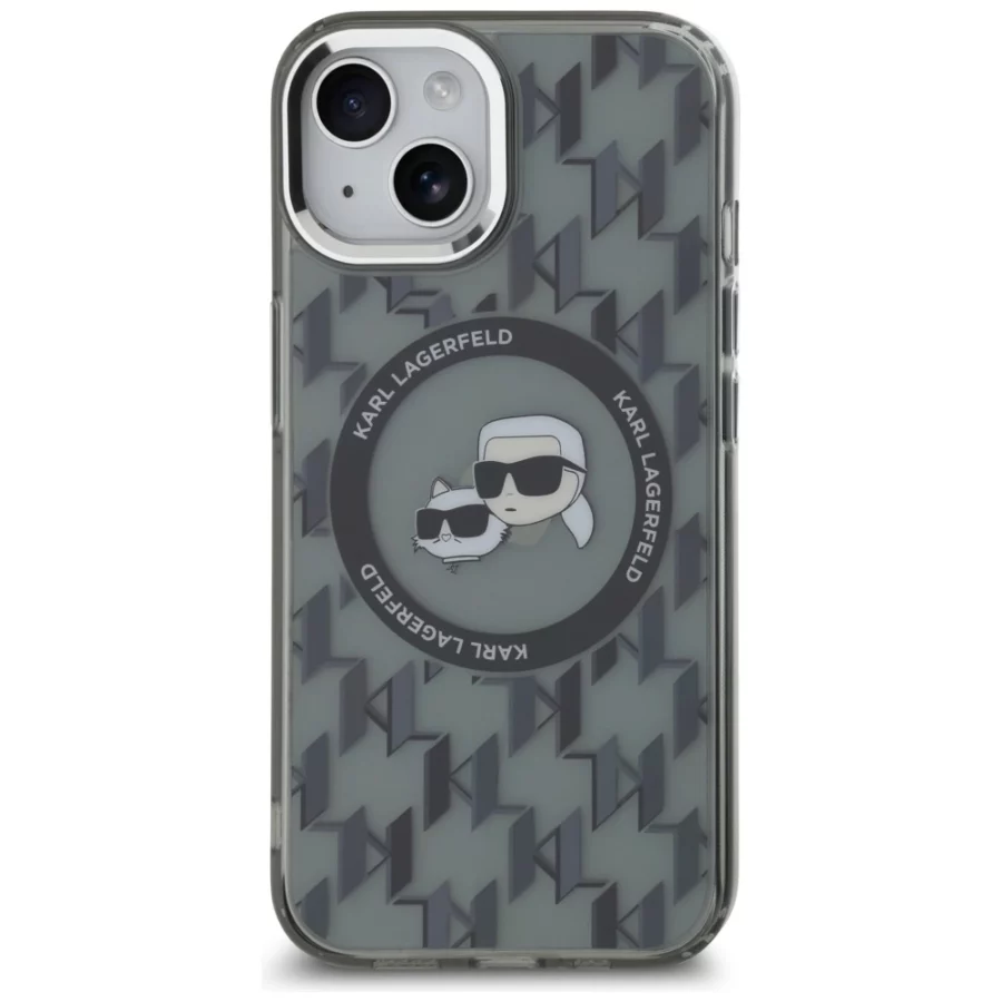 Etui Karl Lagerfeld IML Monogram Karl & Choupette Head MagSafe na iPhone 15 Plus - czarne