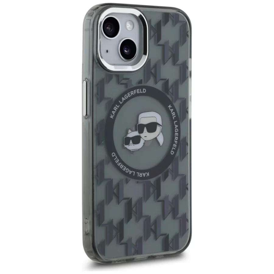Etui Karl Lagerfeld IML Monogram Karl & Choupette Head MagSafe na iPhone 15 Plus - czarne