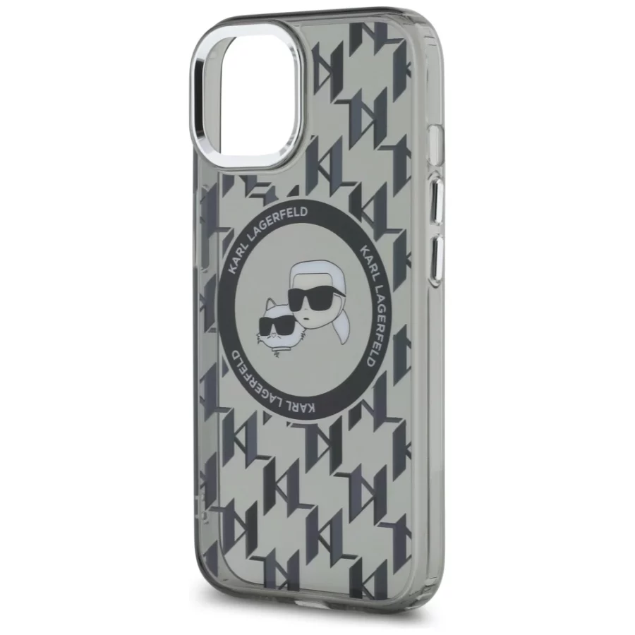 Etui Karl Lagerfeld IML Monogram Karl & Choupette Head MagSafe na iPhone 15 Plus - czarne