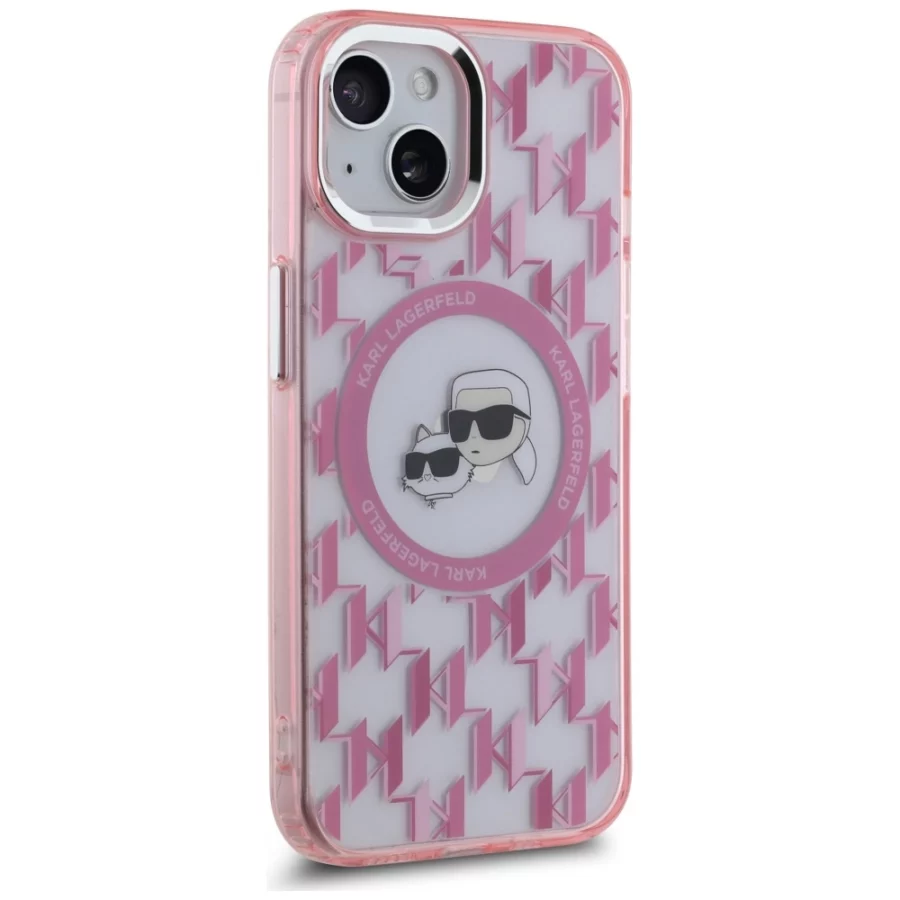 Etui Karl Lagerfeld IML Monogram Karl & Choupette Head MagSafe na iPhone 15 Plus - różowe