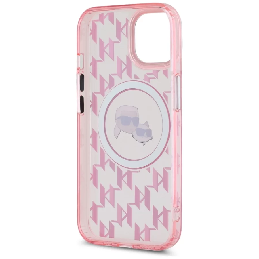 Etui Karl Lagerfeld IML Monogram Karl & Choupette Head MagSafe na iPhone 15 Plus - różowe
