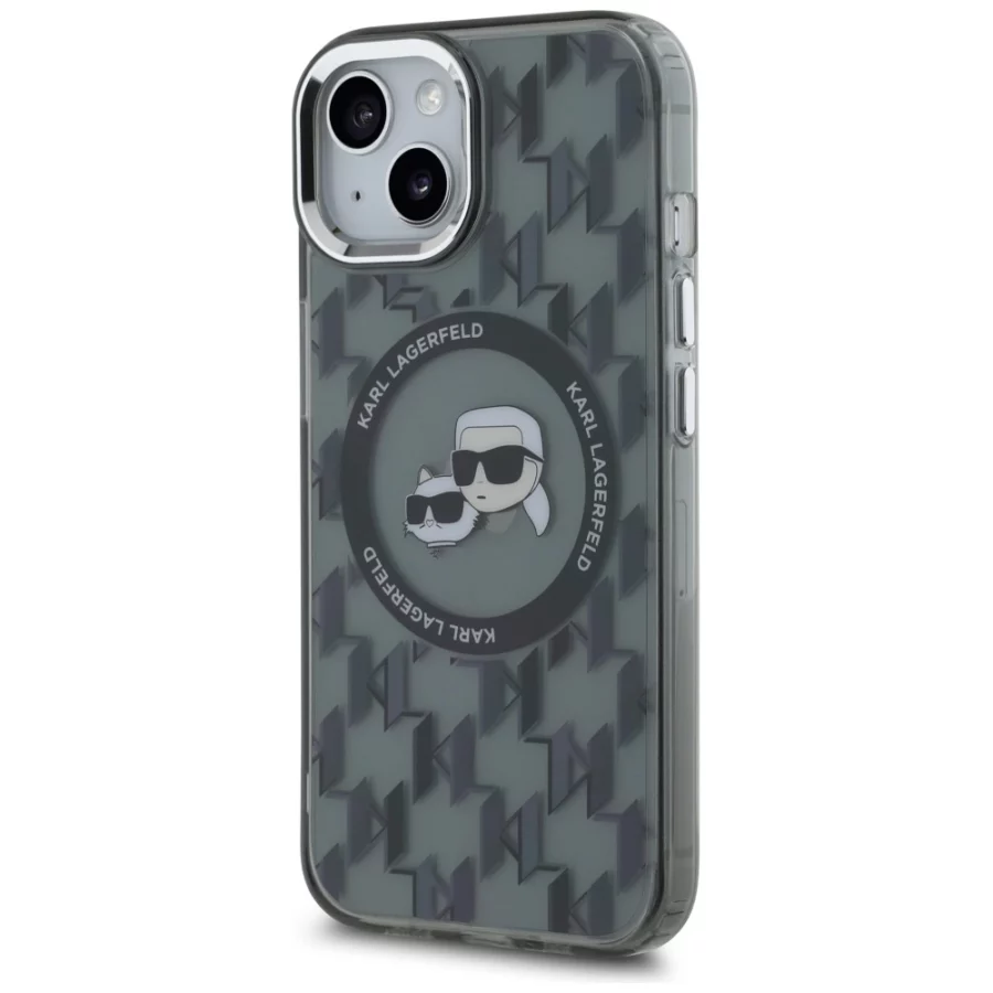 Etui Karl Lagerfeld IML Monogram Karl & Choupette Head MagSafe na iPhone 15 - czarne