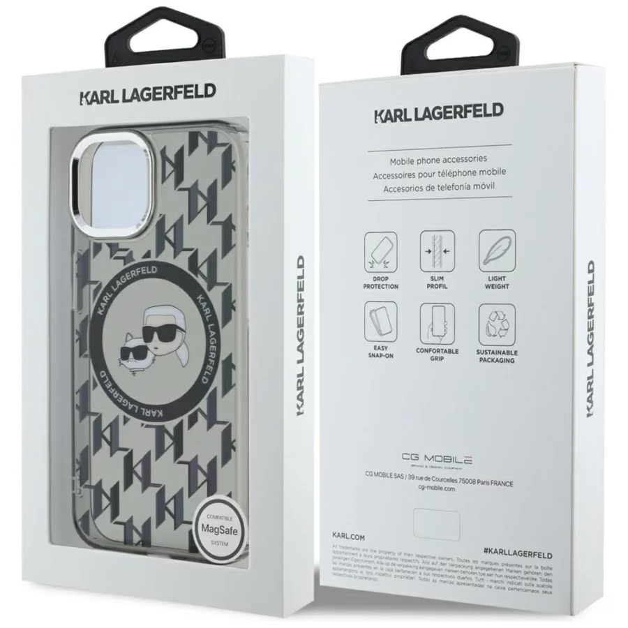 Etui Karl Lagerfeld IML Monogram Karl & Choupette Head MagSafe na iPhone 15 - czarne