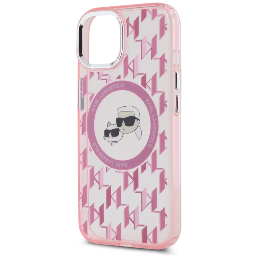 Etui Karl Lagerfeld IML Monogram Karl & Choupette Head MagSafe na iPhone 15 - różowe