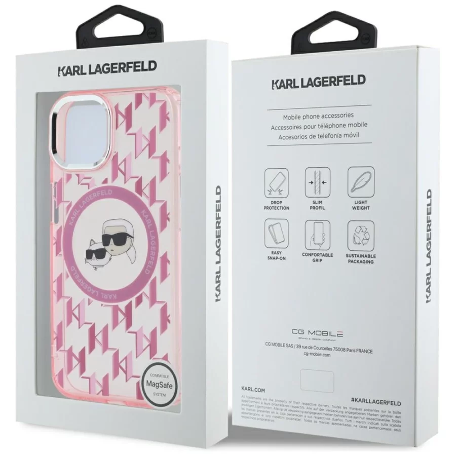 Etui Karl Lagerfeld IML Monogram Karl & Choupette Head MagSafe na iPhone 15 - różowe