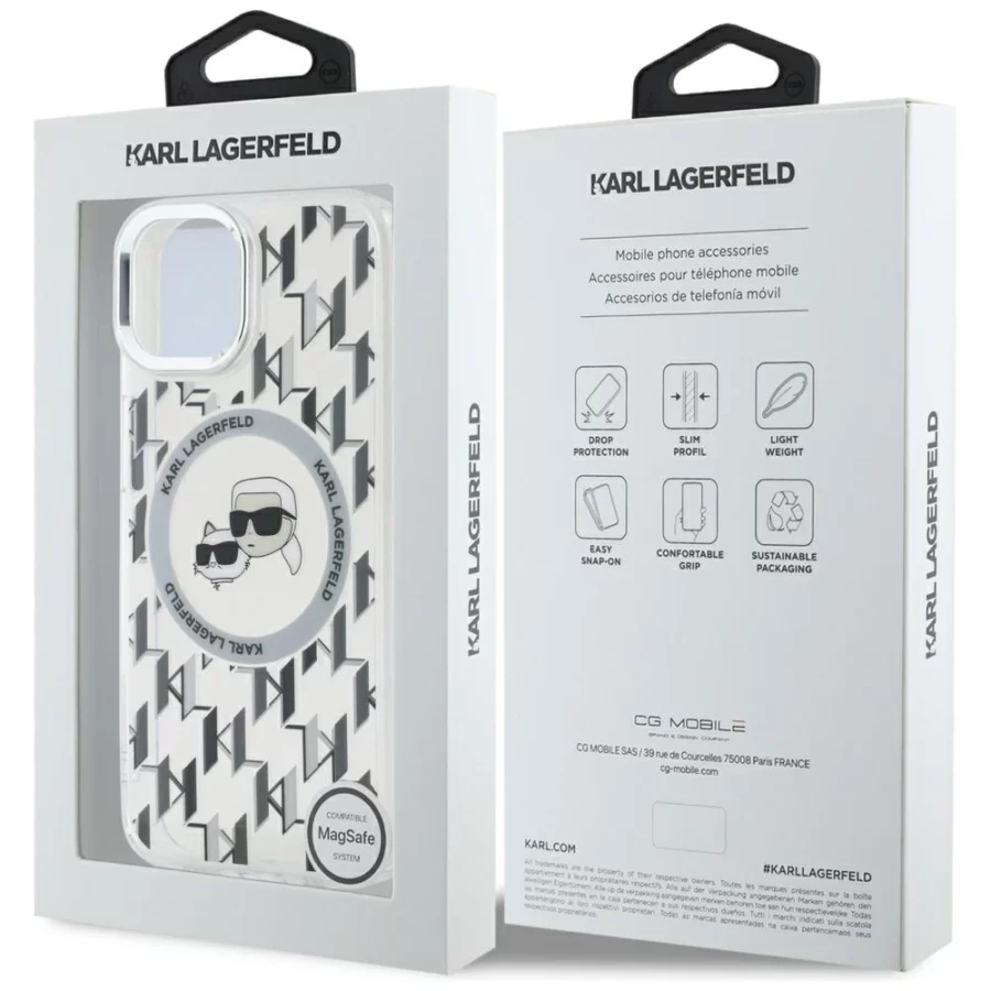 Etui Karl Lagerfeld IML Monogram Karl & Choupette Head MagSafe na iPhone 15 - przezroczyste