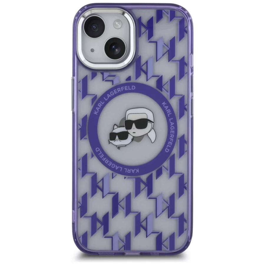 Etui Karl Lagerfeld IML Monogram Karl & Choupette Head MagSafe na iPhone 15 - fioletowe