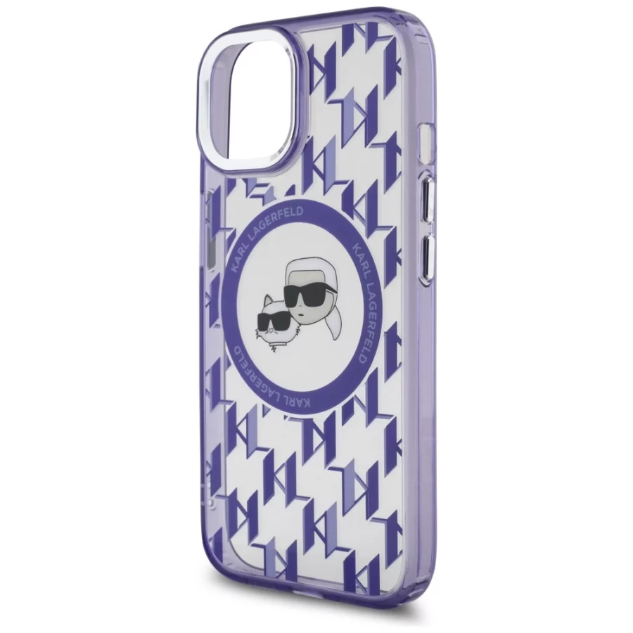 Etui Karl Lagerfeld IML Monogram Karl & Choupette Head MagSafe na iPhone 15 - fioletowe