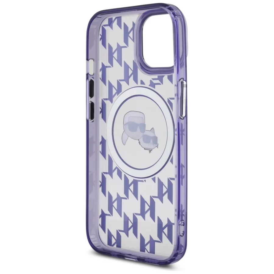 Etui Karl Lagerfeld IML Monogram Karl & Choupette Head MagSafe na iPhone 15 - fioletowe