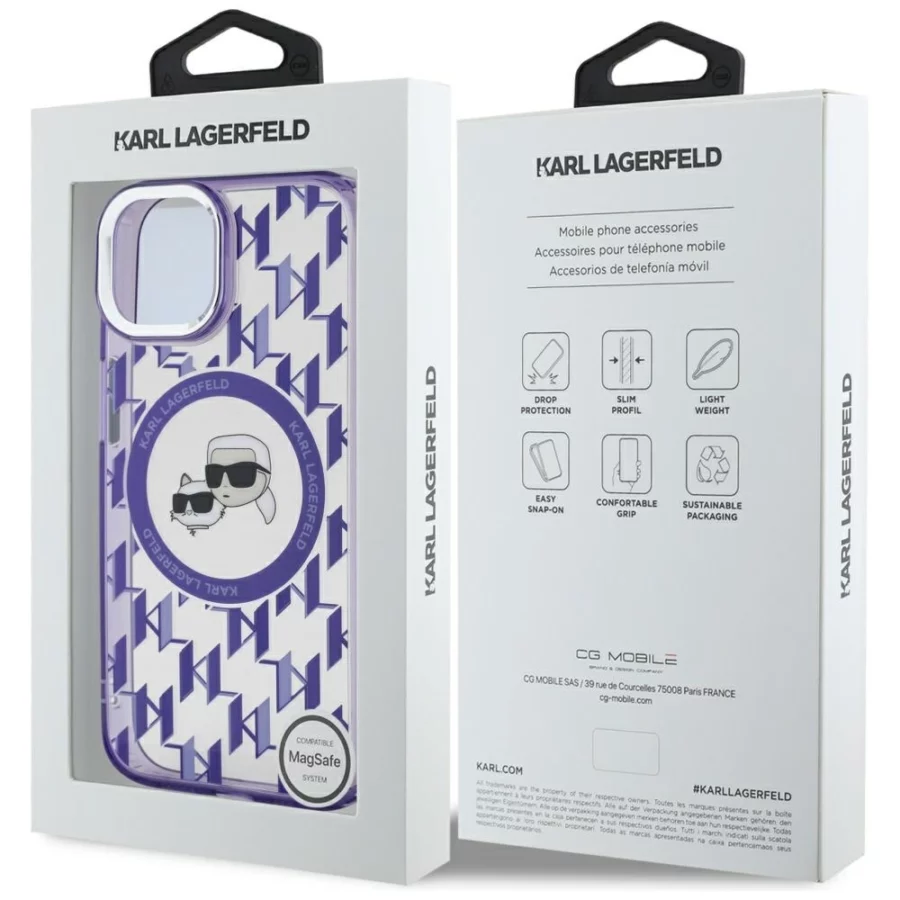 Etui Karl Lagerfeld IML Monogram Karl & Choupette Head MagSafe na iPhone 15 - fioletowe