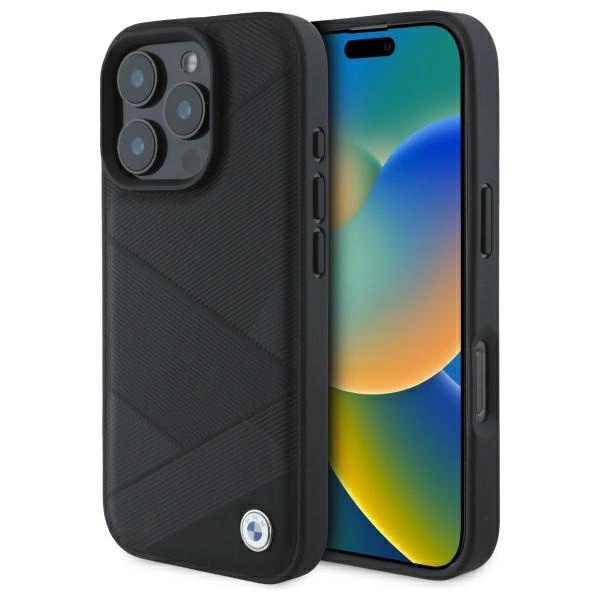 Etui BMW Sign Leather Crossing Lines Pattern na iPhone 16 Pro Max - czarne