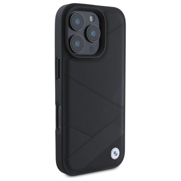 Etui BMW Sign Leather Crossing Lines Pattern na iPhone 16 Pro Max - czarne