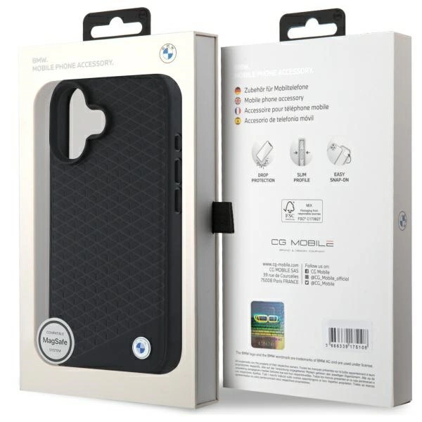 Etui BMW Sign Leather Diamond Metal Logo MagSafe na iPhone 16  - czarne