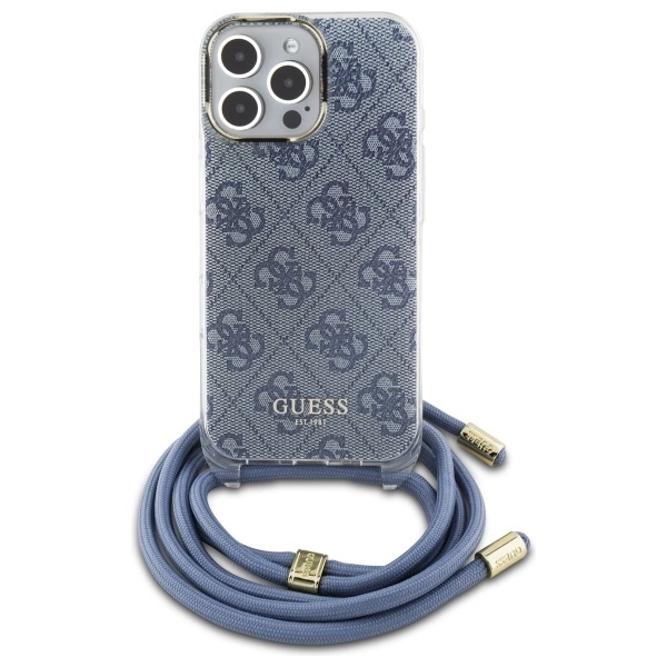 Etui Guess Crossbody Cord 4G Print ze smyczą na iPhone 16 Pro - niebieskie